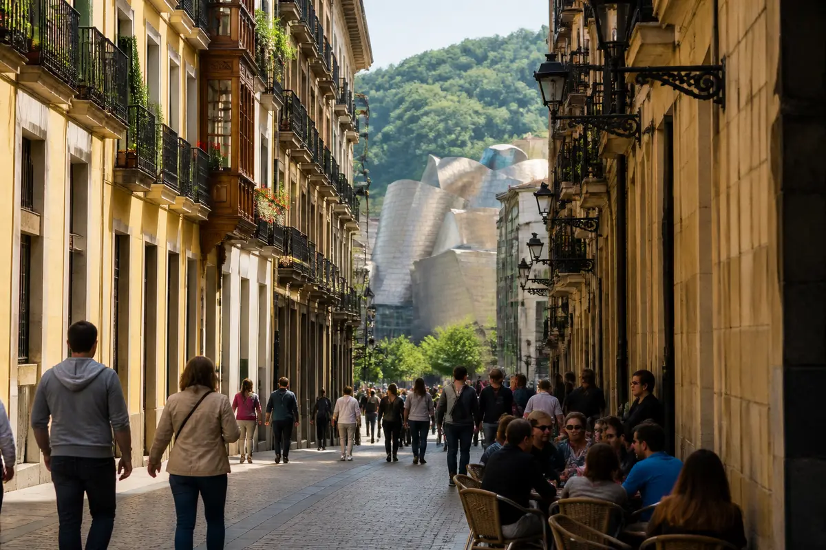 Rue animée avec passants et terrasse de café, idéal pour visiter Bilbao à pied.