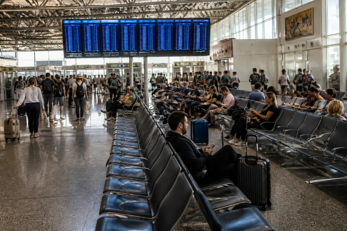 Passagers attendant un vol au départ d'Héraklion aujourd'hui dans un aéroport animé